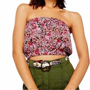 NWT Topshop Size 0 Floral Print Strapless Bandeau Crop Top Pink Boho Festival